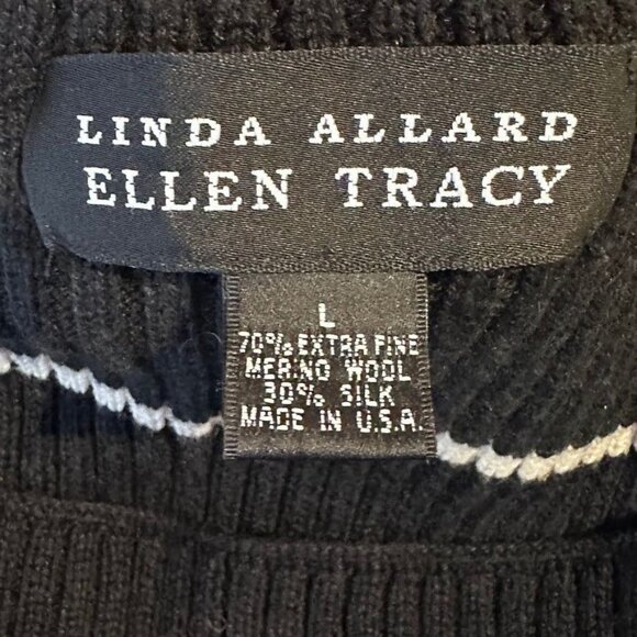 Luxury Silk Wool Blend Stripe Black White Sweater Womens L Classic Career Soft - Picture 3 of 7